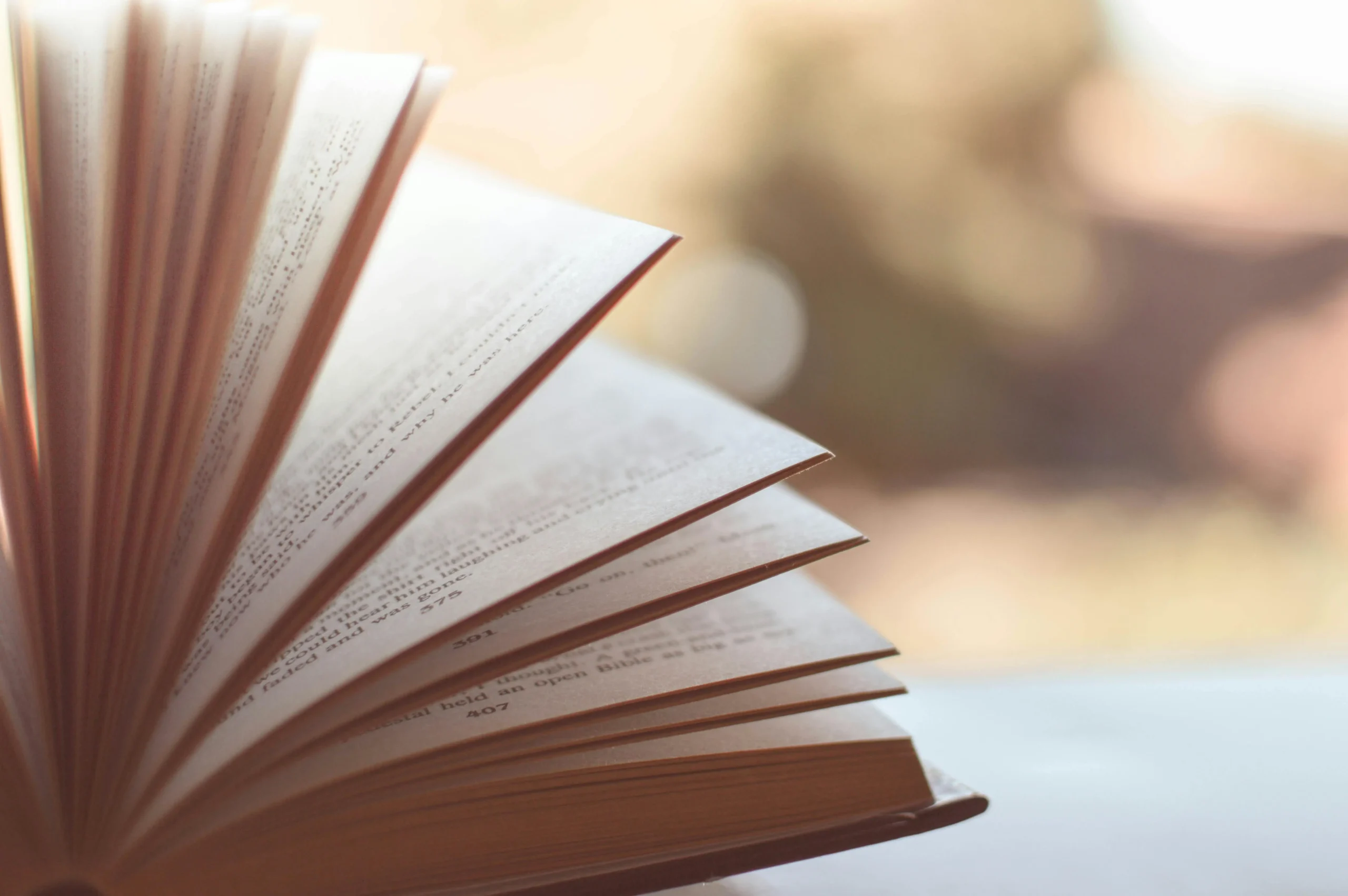 Close-up view of an open book's fanned pages, showing text printed on white paper with a soft, warm lighting and shallow depth of field.