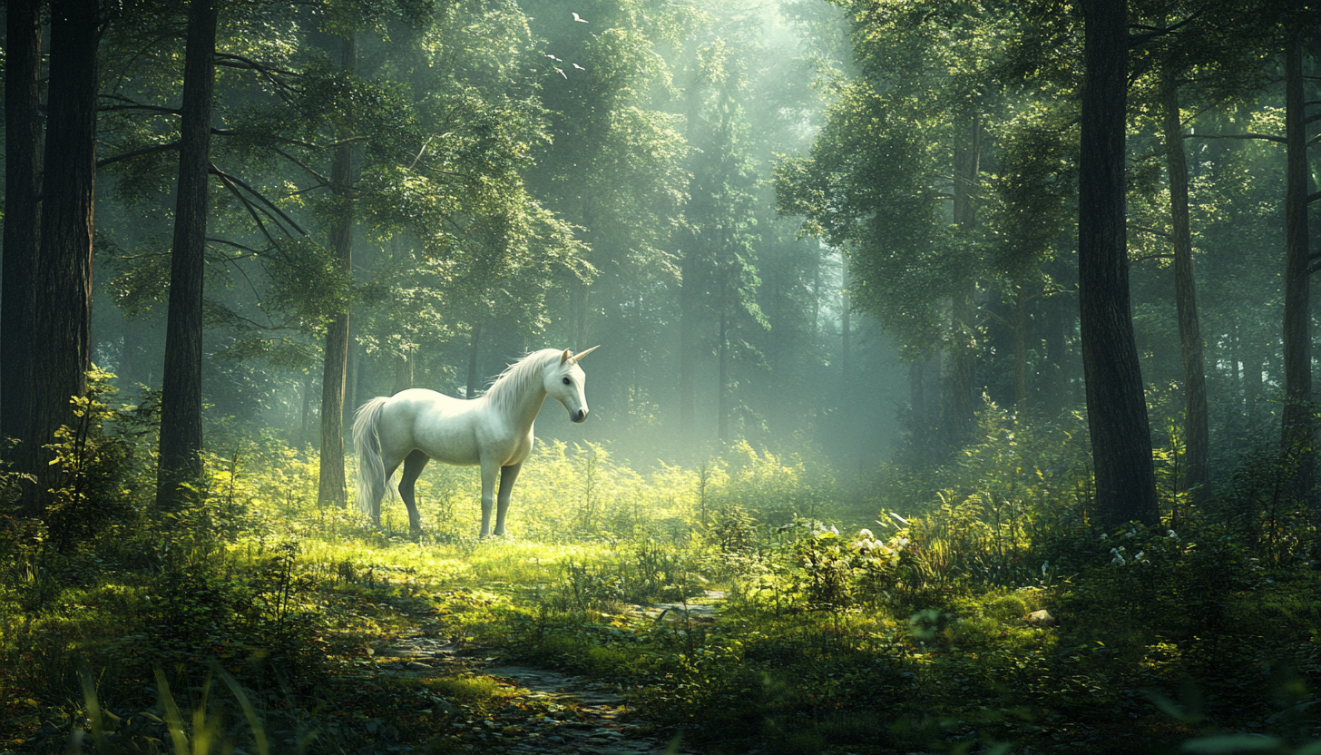 A unicorn in a forest.