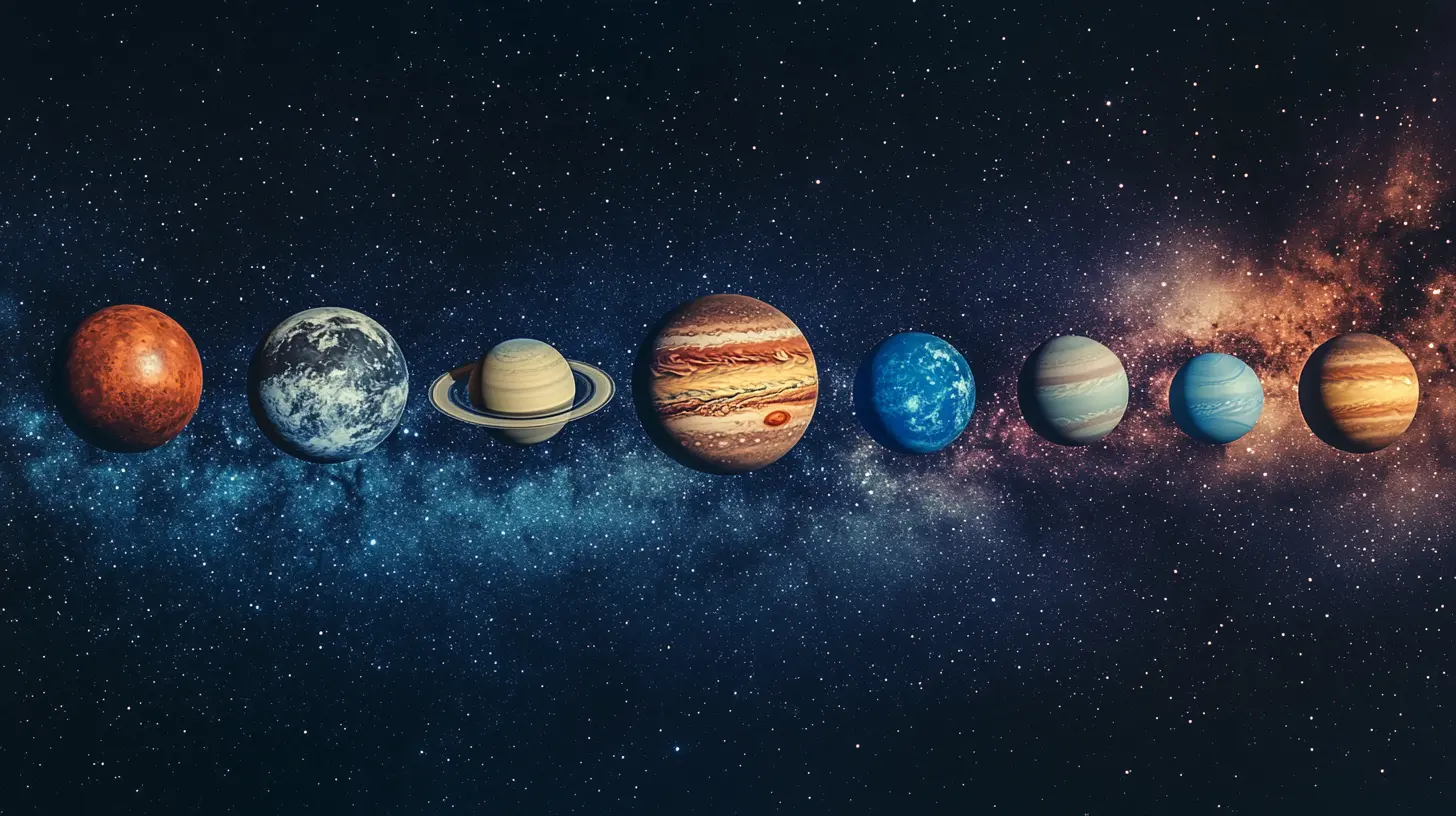 An image depicting the planets of our solar system, including the Sun, Earth, Mars, Jupiter, Saturn, Uranus, Neptune, and Mercury, shown in their relative sizes and positions in the cosmos.