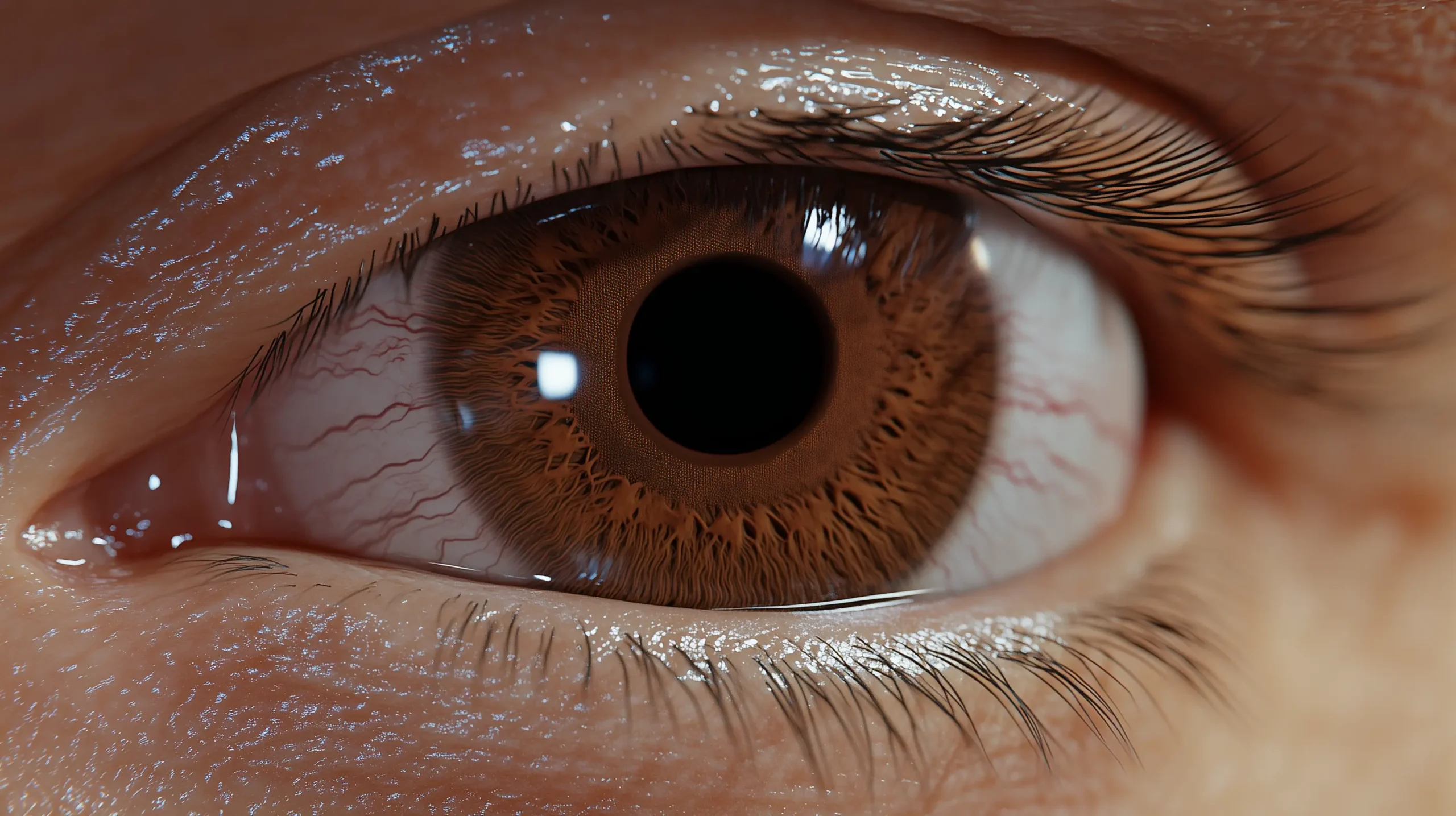 A close-up, macro shot of a human eye, showing the intricate detail and texture of the iris, pupil, and eyelashes. The eye appears moist, with visible water droplets on the surface.