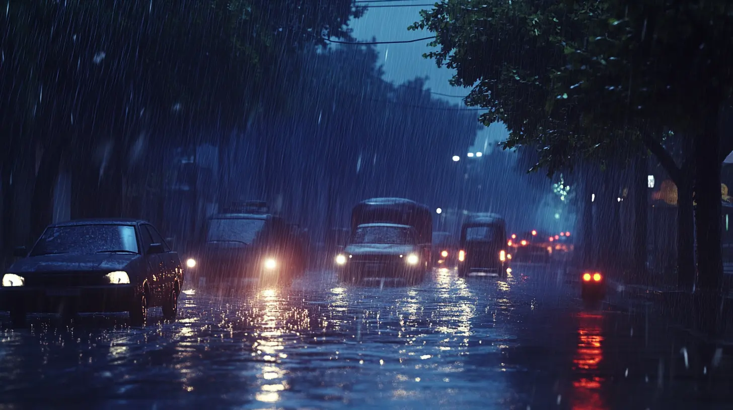 A nighttime scene of a flooded city street during a heavy rainstorm. Cars and streetlights are visible through the downpour, with puddles reflecting the lights and creating a sense of atmosphere and movement.